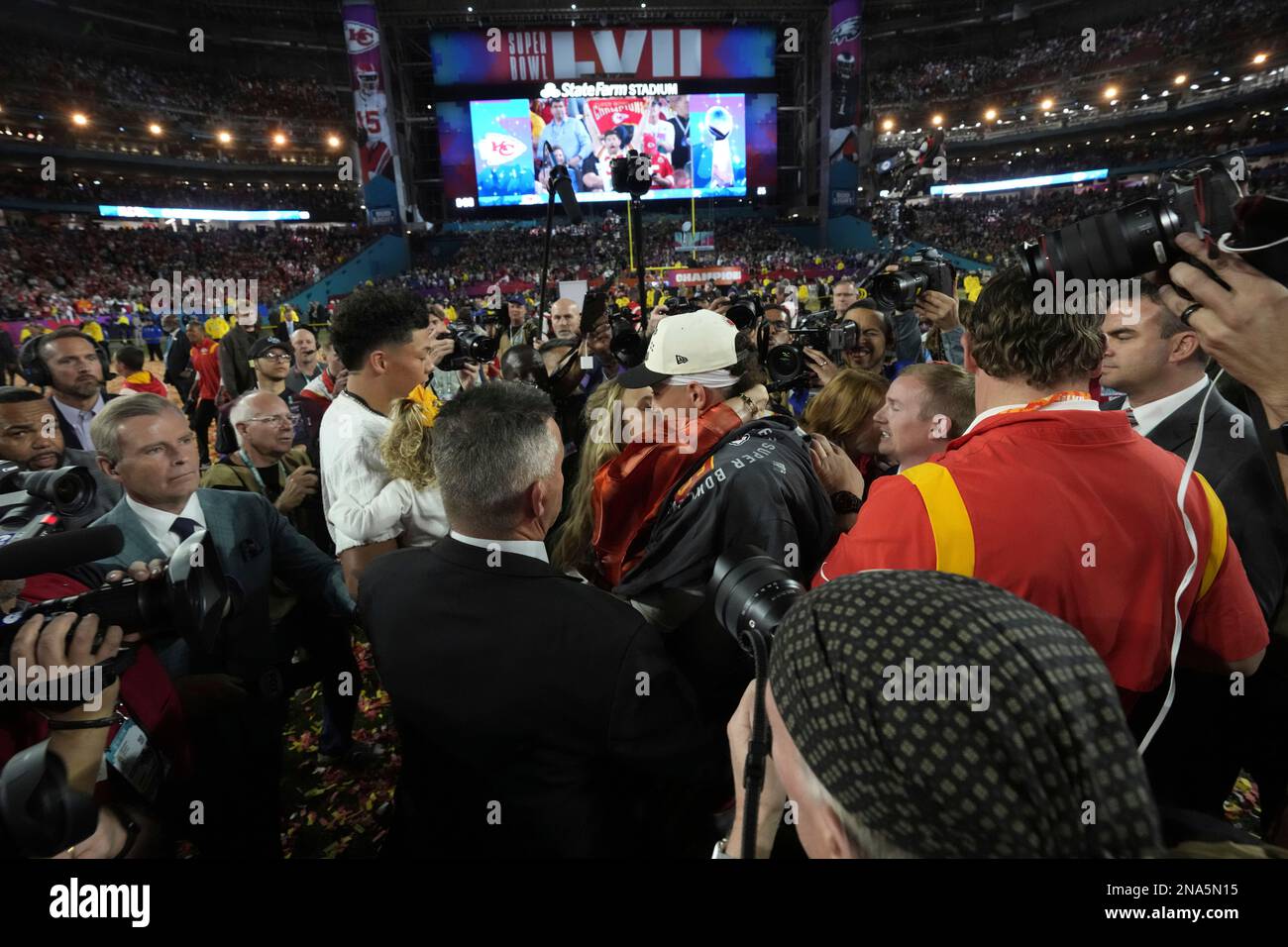 Kansas City Chiefs quarterback Patrick Mahomes (15) kisses is ...