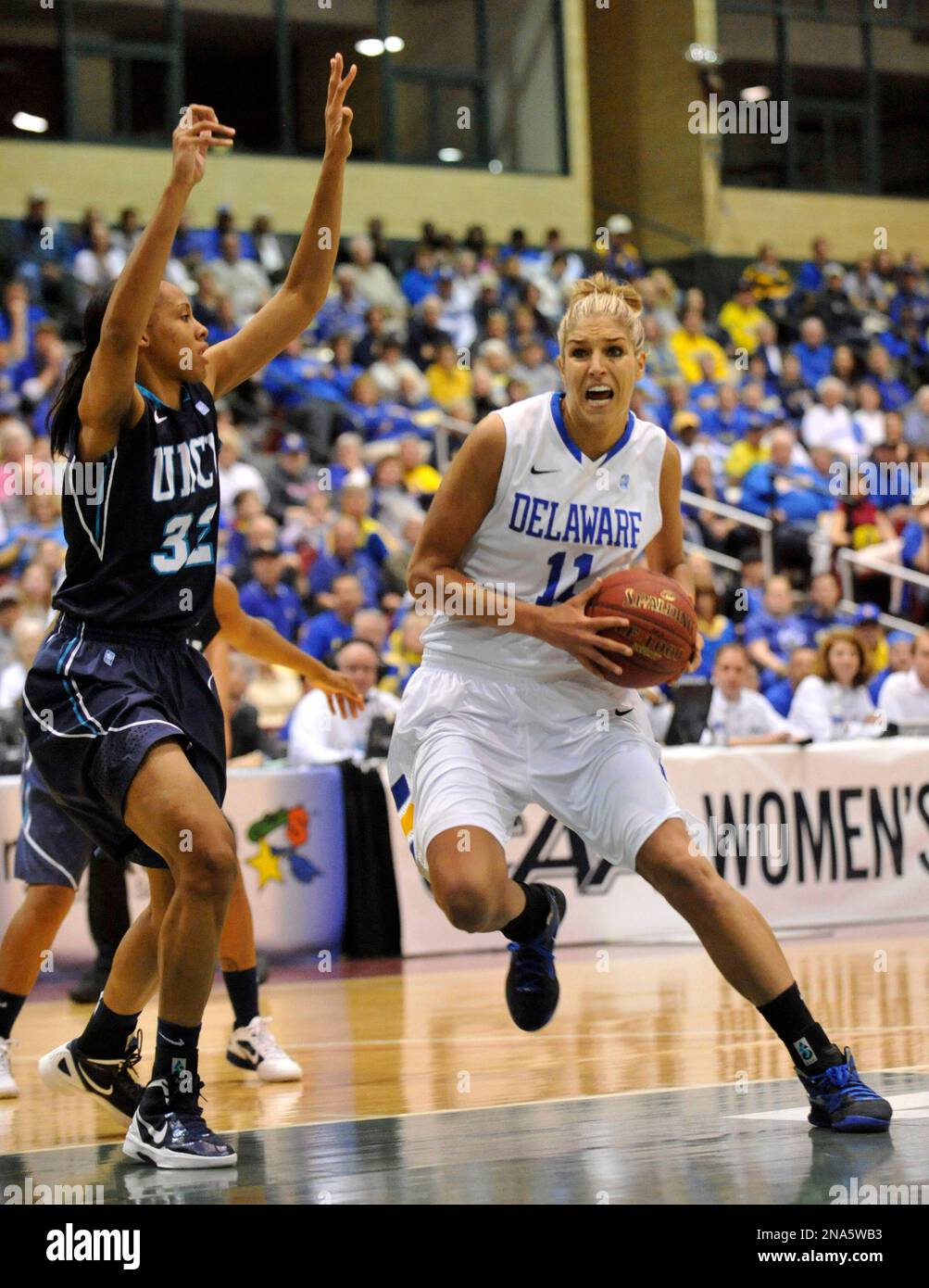 Delaware s Elena Delle Donne 11 drives to the basket as UNC