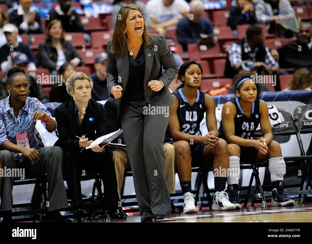 Old Dominion coach Karen Barefoot reacts during the first half against