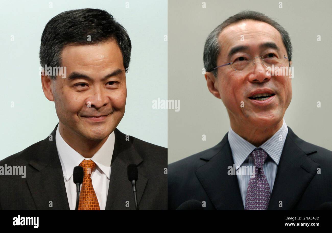 FILE - In this combination of Nov. 27, 2011 file photo, left, and Sept. 28, 2011 file photo, right, Leung Chun-ying, left, former convener of Hong Kong's Executive Council, announces his candidacy for the chief executive election and Hong Kong's Chief Secretary Henry Tang announces his resignation in Hong Kong. The tycoon's son Tang was widely considered a shoo-in as Hong Kong's next leader, with key backing from Beijing. Then came the scandals, including an extramarital affair and an uproar over his illegally built undergound leisure palace. His main rival, Leung, who's grappling with a scand Stock Photo