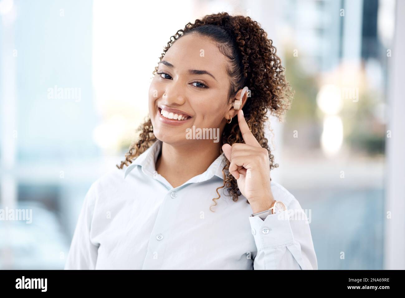 Deaf, hearing aid and woman with disability and healthcare tech