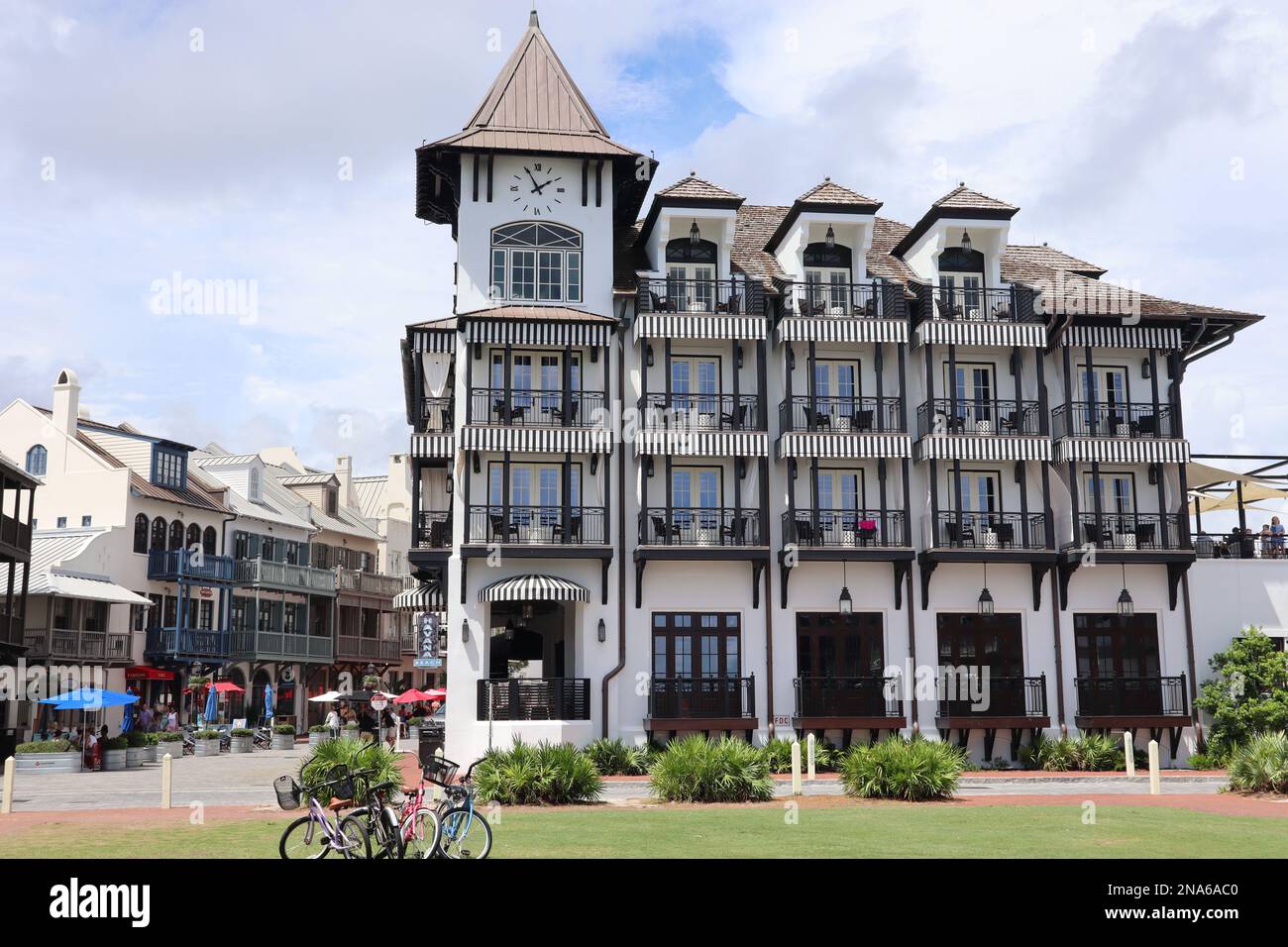The facade of the Pearl Hotel near Rosemary Beach in Florida, USA Stock