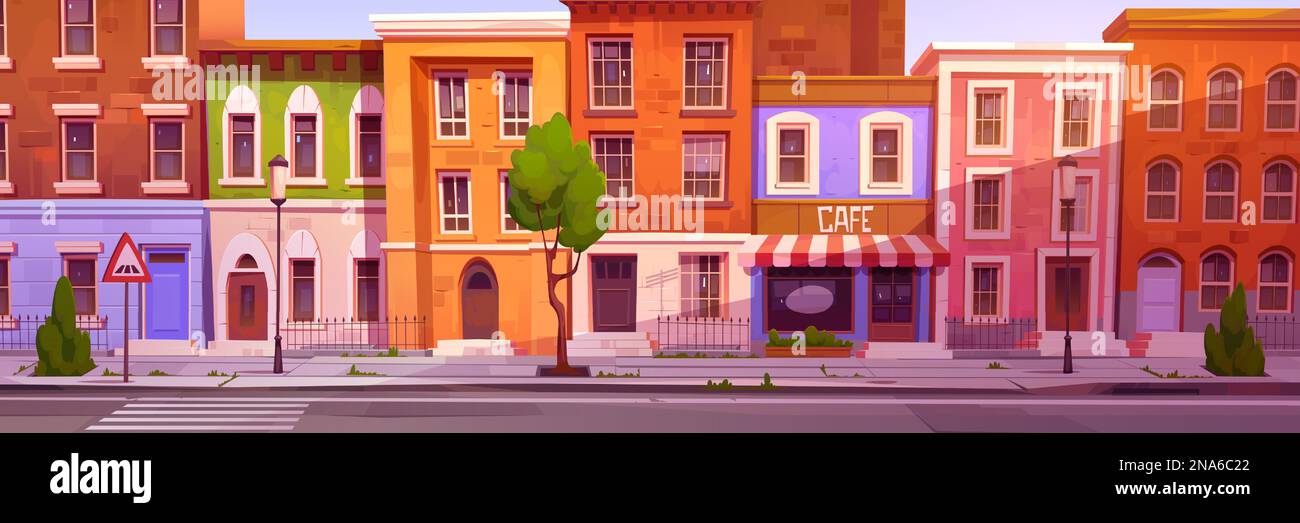 Cartoon city street with nice houses and cafe. Vector illustration of town neighborhood, residential district. Brick buildings facade with windows and doors, empty sidewalk and road on sunny morning Stock Vector
