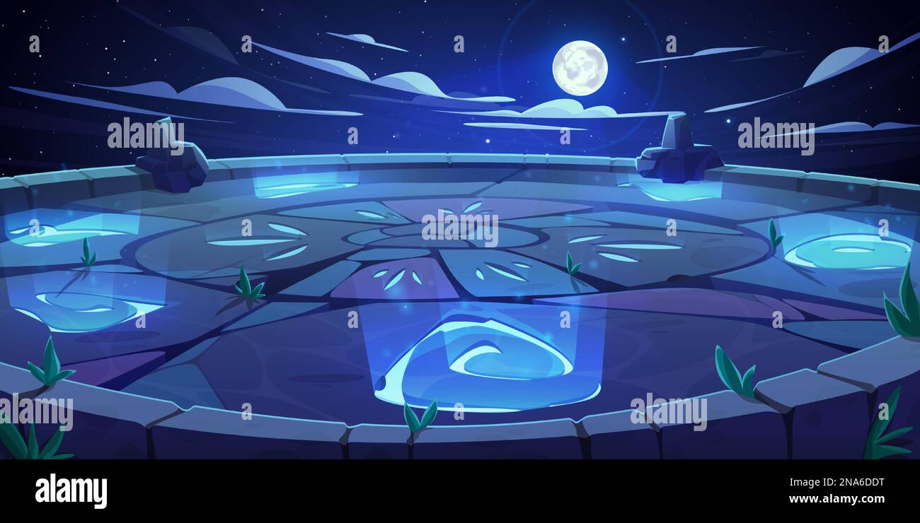 Stone platform for battleground at night, vector cartoon ancient game temple  background. Maya arena floor in