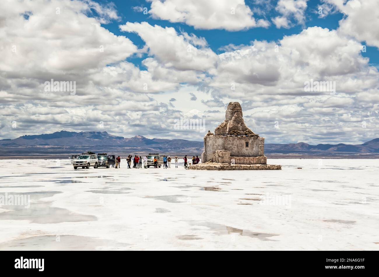 Monument to the Dakar Rally at Salar de Uyuni, the world's largest salt flat, Potosi Department, Bolivia Stock Photo