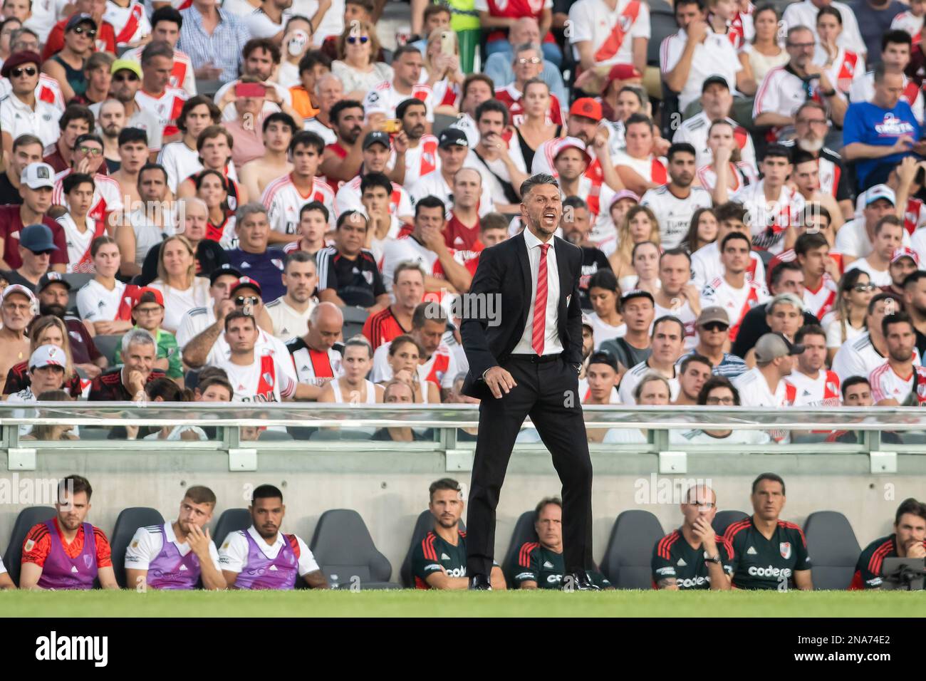 Buenos Aires, Argentina. 12th Feb, 2023. Martin Demichelis coach of River Plate reacts during a match between River Plate and Argentinos Juniors as part of Liga Profesional 2023 at Estadio Mas Monumental Antonio Vespucio Liberti. Final Score: River Plate 2:1Argentinos Juniors Credit: SOPA Images Limited/Alamy Live News Stock Photo