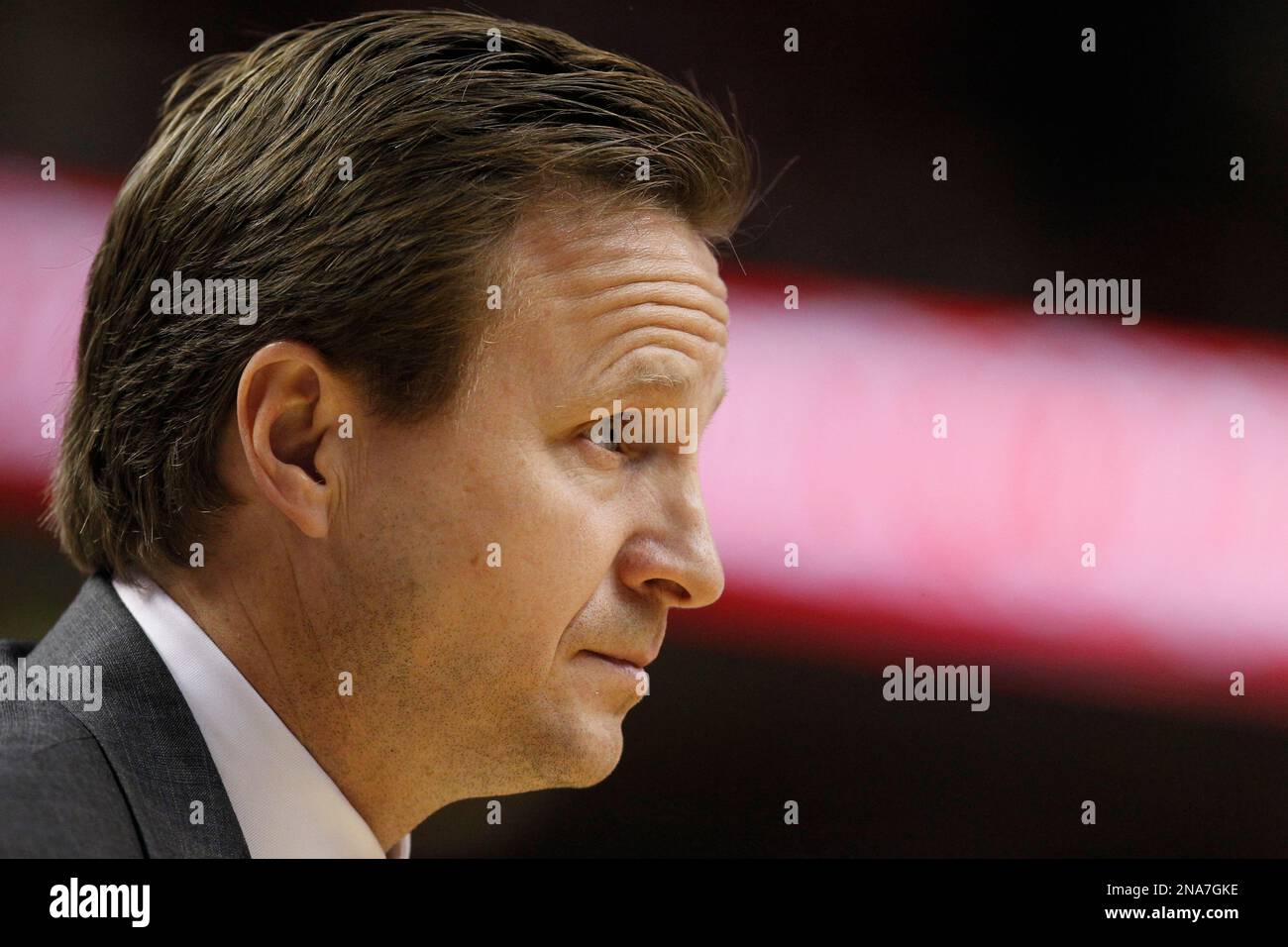Oklahoma City Thunder coach Scott Brooks pauses during a break in the