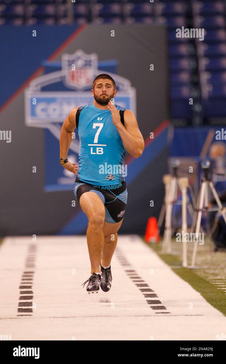 Texas Christian linebacker Tank Carder runs a drill at the NFL football ...
