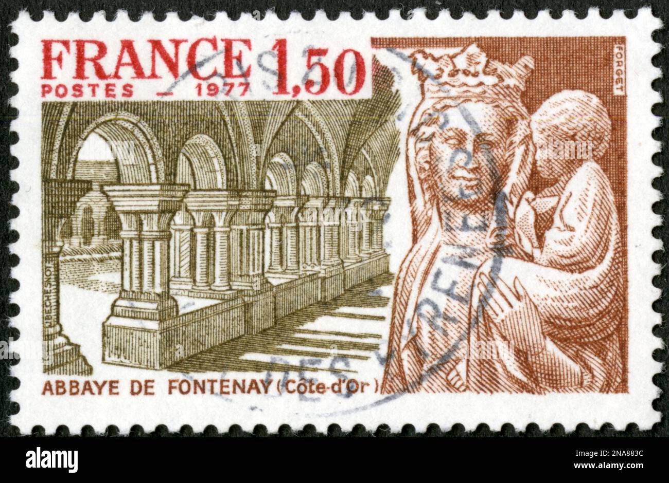 TIMBRE OBLITÉRÉ ABBAYE DE FONTENAY. CÔTE D'OR. FRANCE. POSTES. 1977. 1,50 Stock Photo