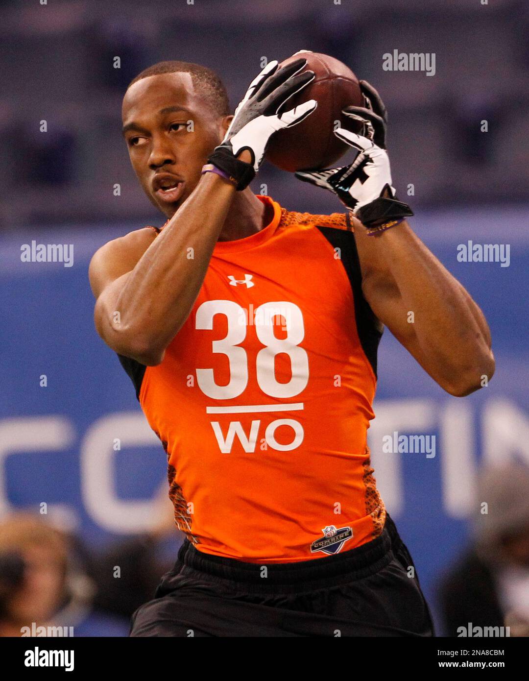 LSU receiver Rueben Randle runs a drill at the NFL football scouting