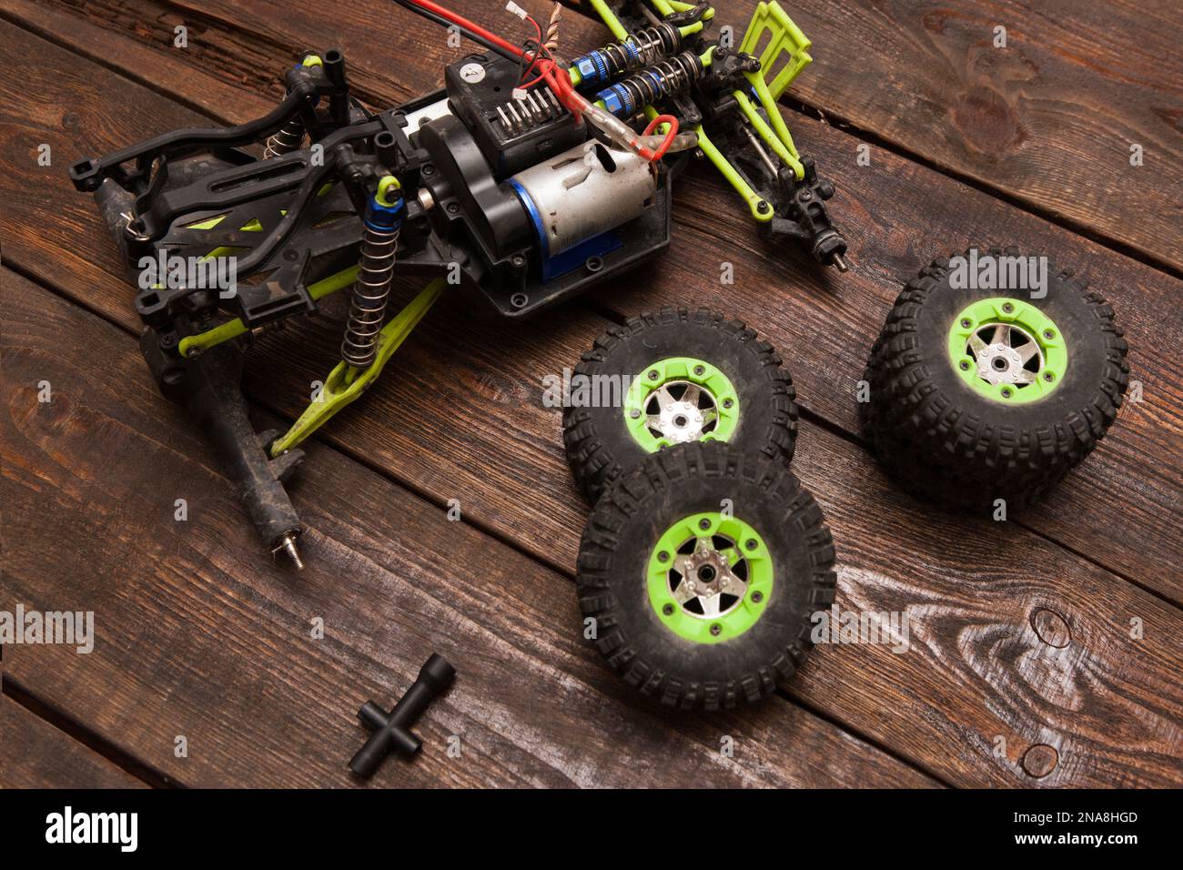 Dismantled broken Rc crawler model toy repair Stock Photo