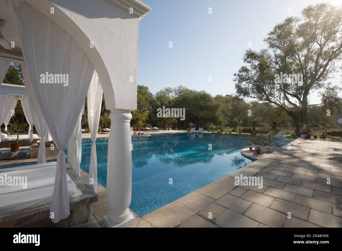 Shahpura Bagh hotel swimming pool, rural Rajasthan, India Stock Photo