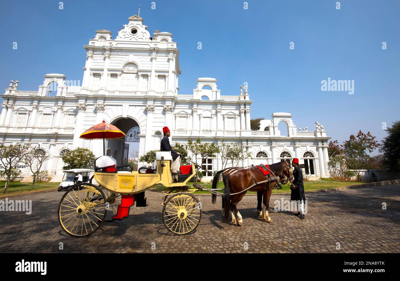 Horse and carriage at the entrance to Falaknuma Palace Hotel, Hyderabad