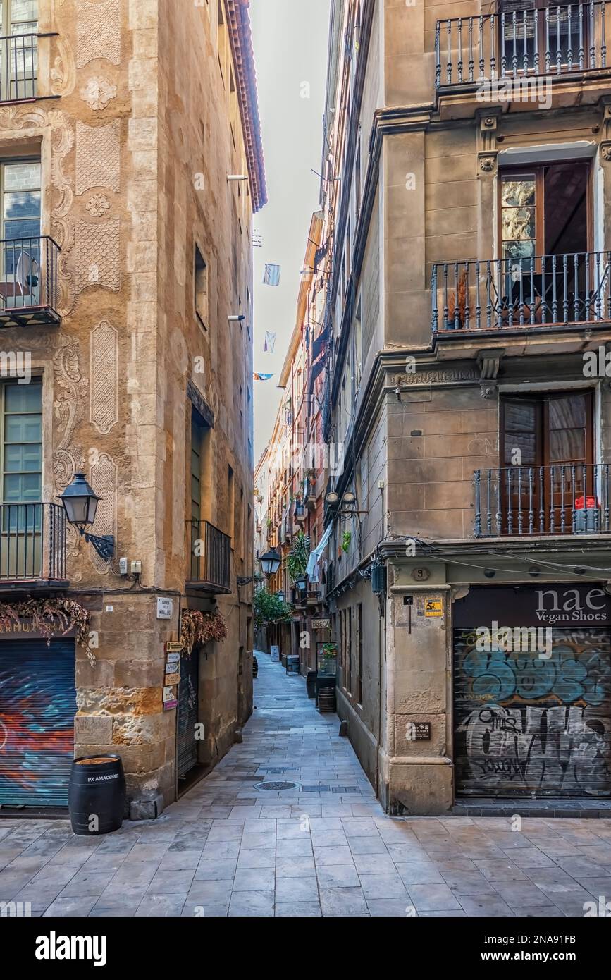 Street in Barcelona city in the daytime, Spain Stock Photo