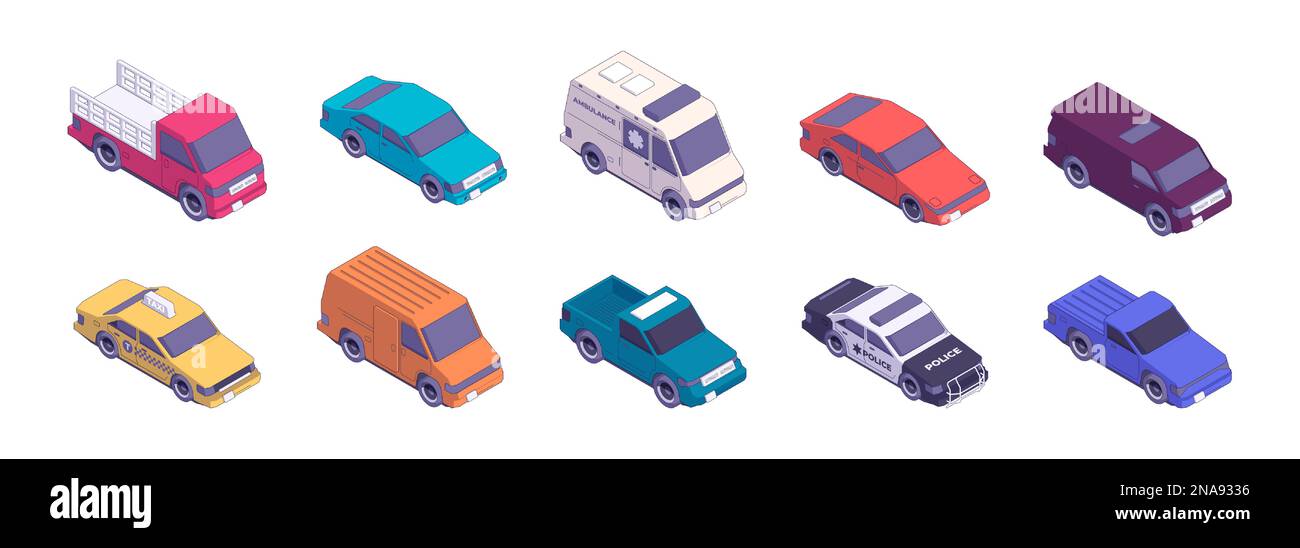 Isometric cars. Urban road transport vehicle icons city traffic, different types of automobiles flat style for infographics or game design. Vector isolated set. Ambulance, police and taxi service Stock Vector