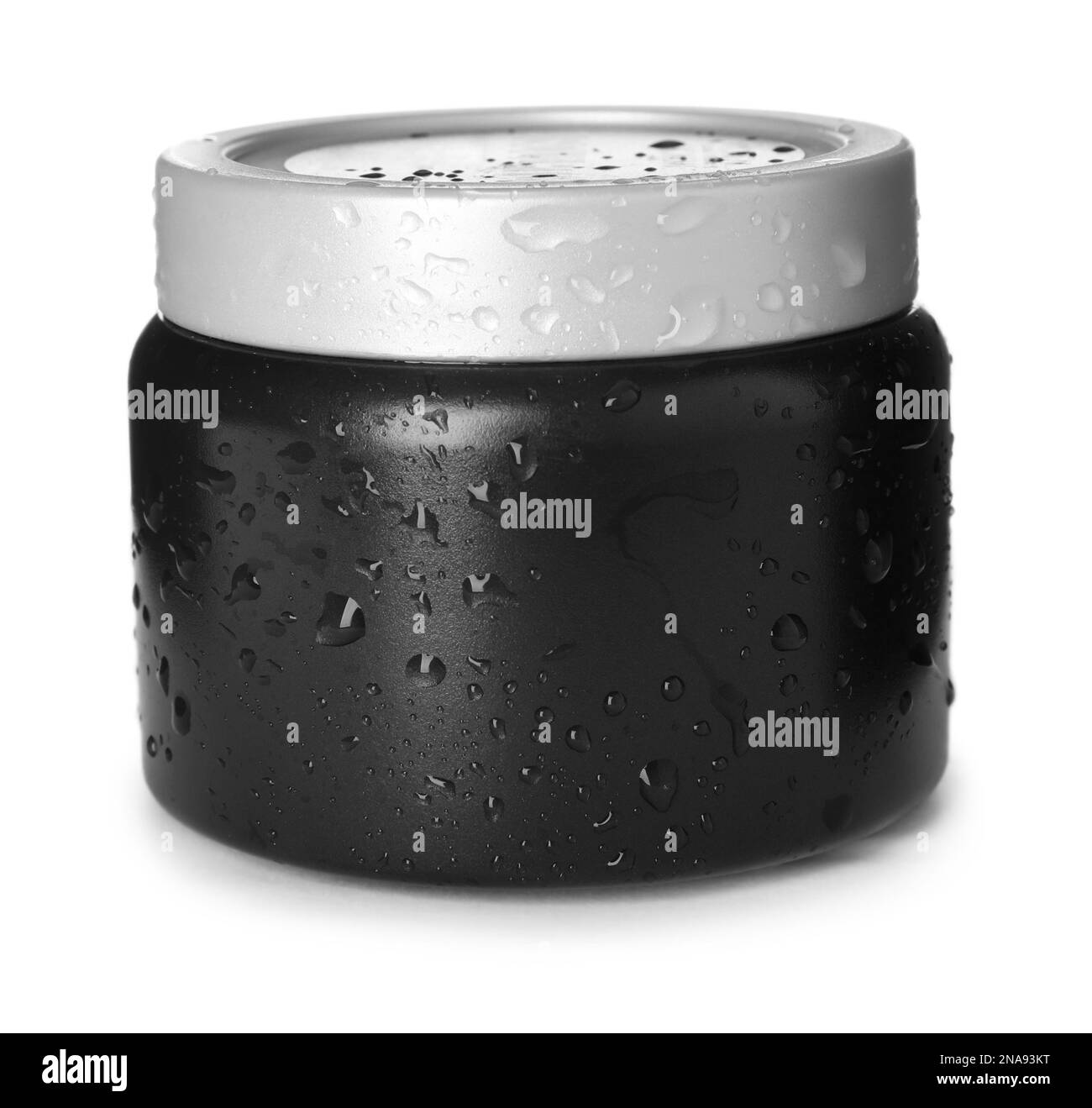 Black jar with water drops isolated on white. Men's cosmetics Stock Photo