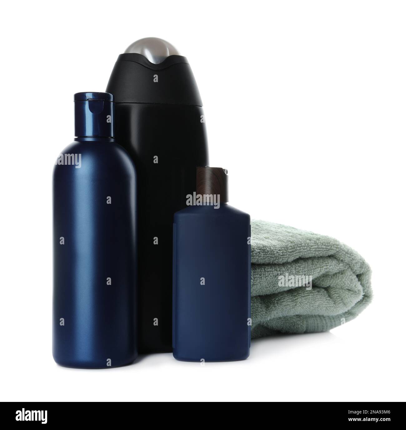Personal hygiene products and towel on white background Stock Photo - Alamy