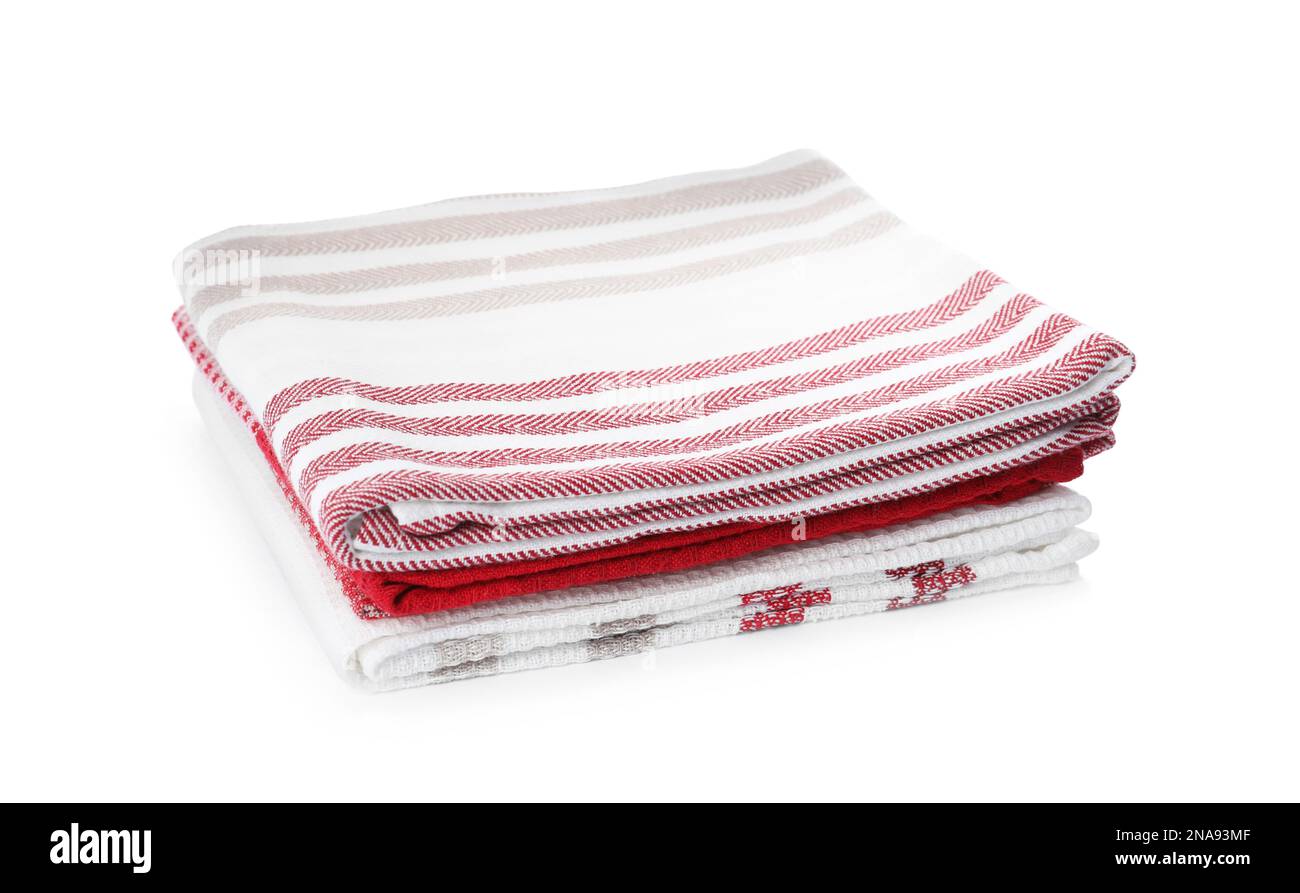 Stack of clean kitchen towels isolated on white Stock Photo Alamy