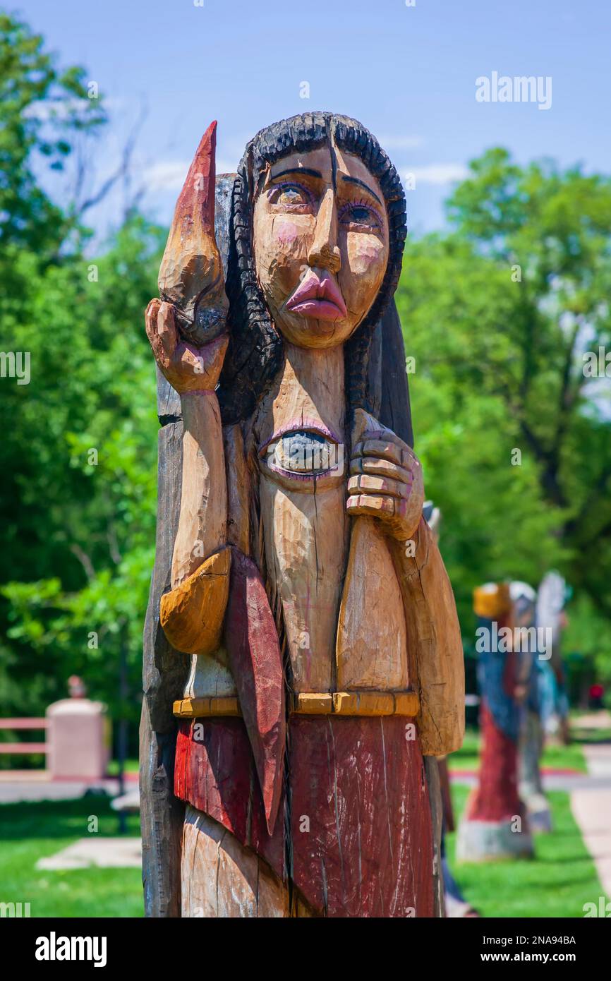 Wooden angel sculpture in Santa Fe, New Mexico; Santa Fe, New Mexico, United States of America Stock Photo