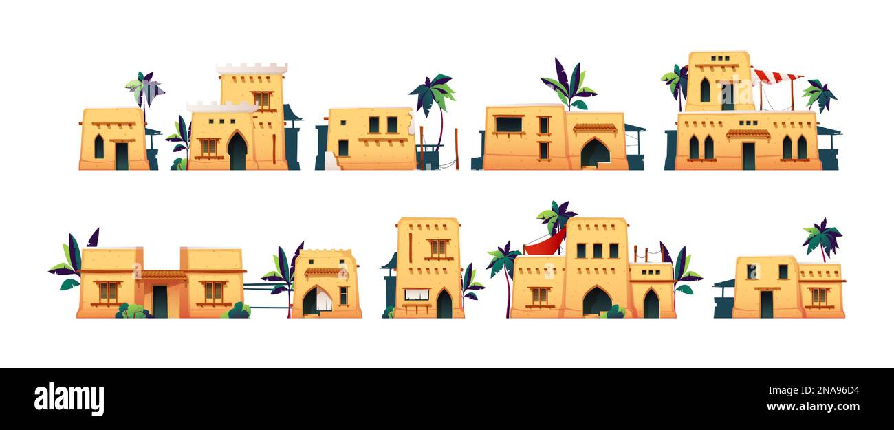 Arabic houses. Old arabian residential buildings cartoon style, desert heritage landscape with traditional village construction of sand facade. Vector set. Town streets with palm trees Stock Vector