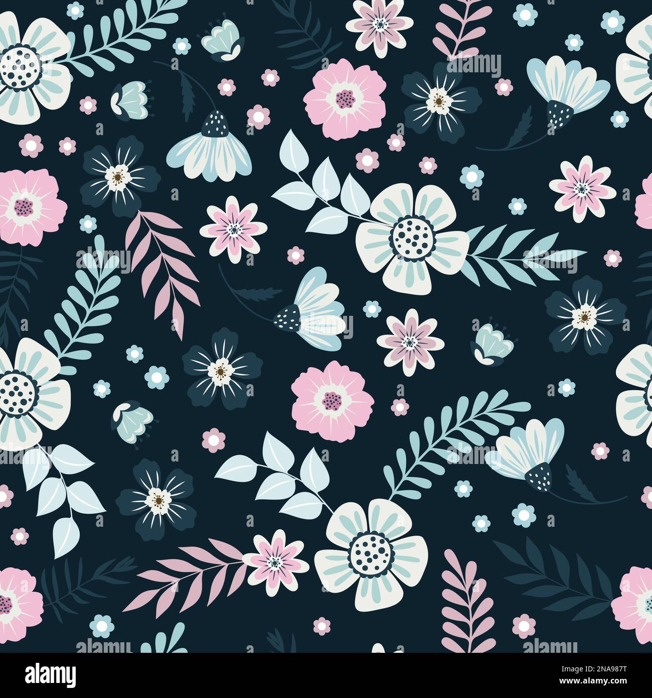 Seamless flowers pattern. Spring art print with botanical elements. Stock Vector