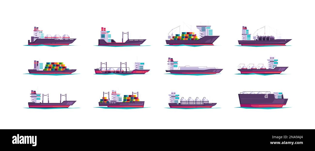 Freight ships collection. Cartoon cargo vessels, flat nautical shipping freighter boats carrying containers, commercial sea ocean transport. Vector isolated set. Import and export of goods Stock Vector