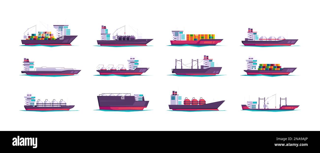 Cargo ships. Sea vessel tanker with shipping containers, commercial freighter shipment cartoon flat style, import export global logistics concept. Vector set. Large water transport for trading Stock Vector