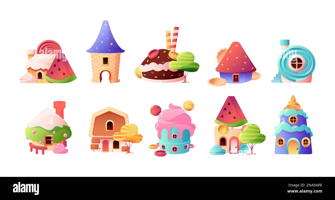 Candy houses. Sweet fantasy landscape with decorative icons of tasty