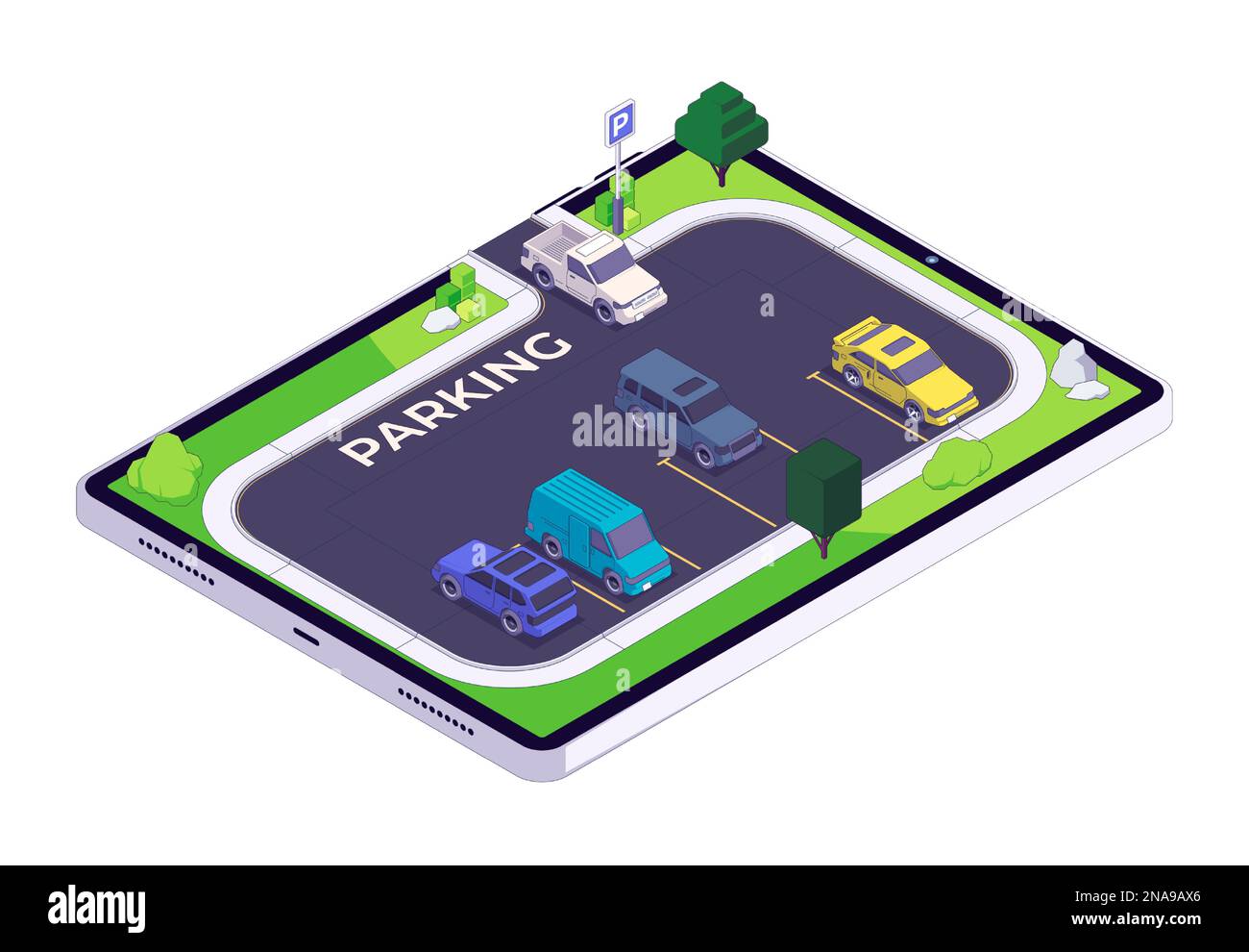 Isometric parking. City cars in parking lot, flat automobile icons on reserved place, urban auto traffic, carsharing carpooling concept. Vector illustration. Tablet with application for parking Stock Vector