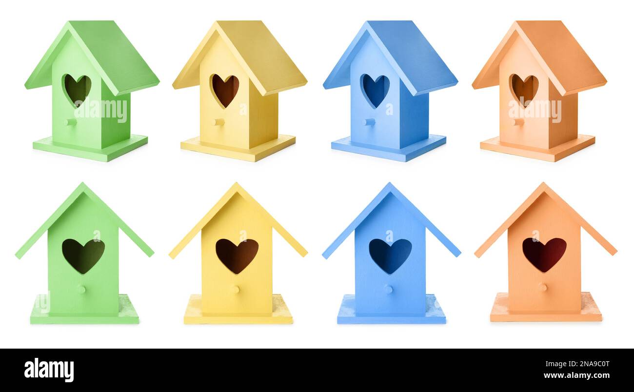 Set with different colorful bird houses on white background, banner design Stock Photo