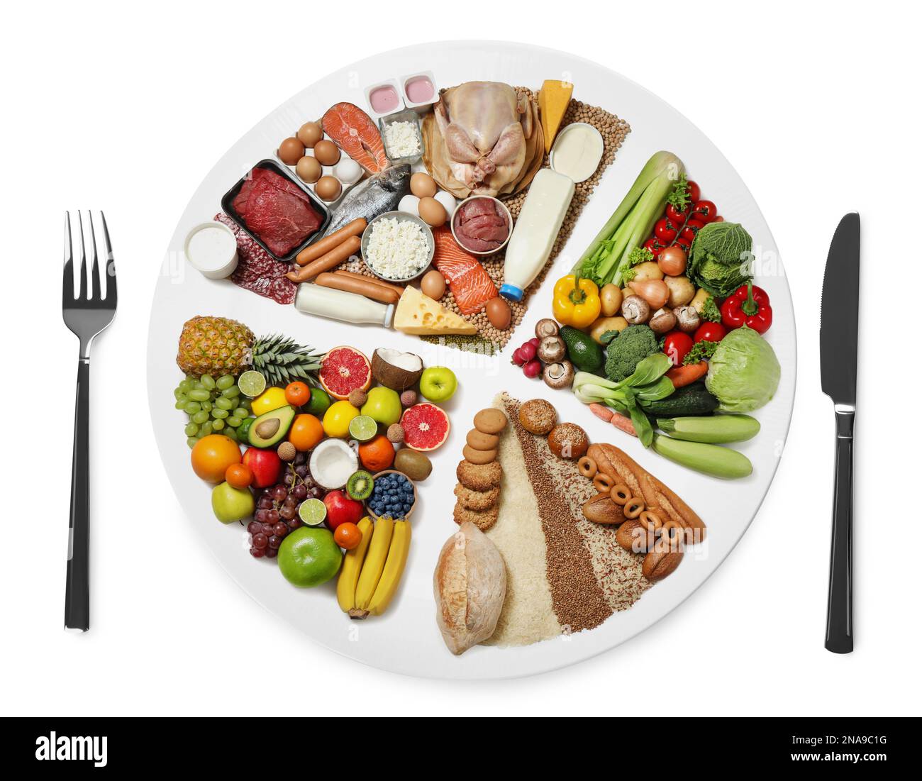 Cutlery near plate with different products on white background, top