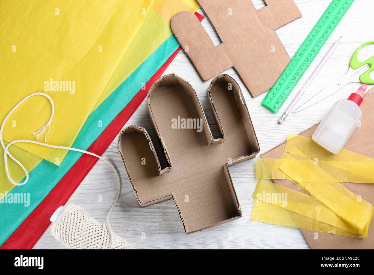 Materials and tools on white wooden table, flat lay. Cactus pinata DIY  Stock Photo - Alamy
