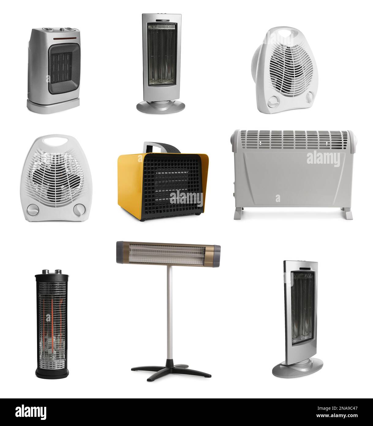 Different modern electric heaters on white background, collage Stock Photo