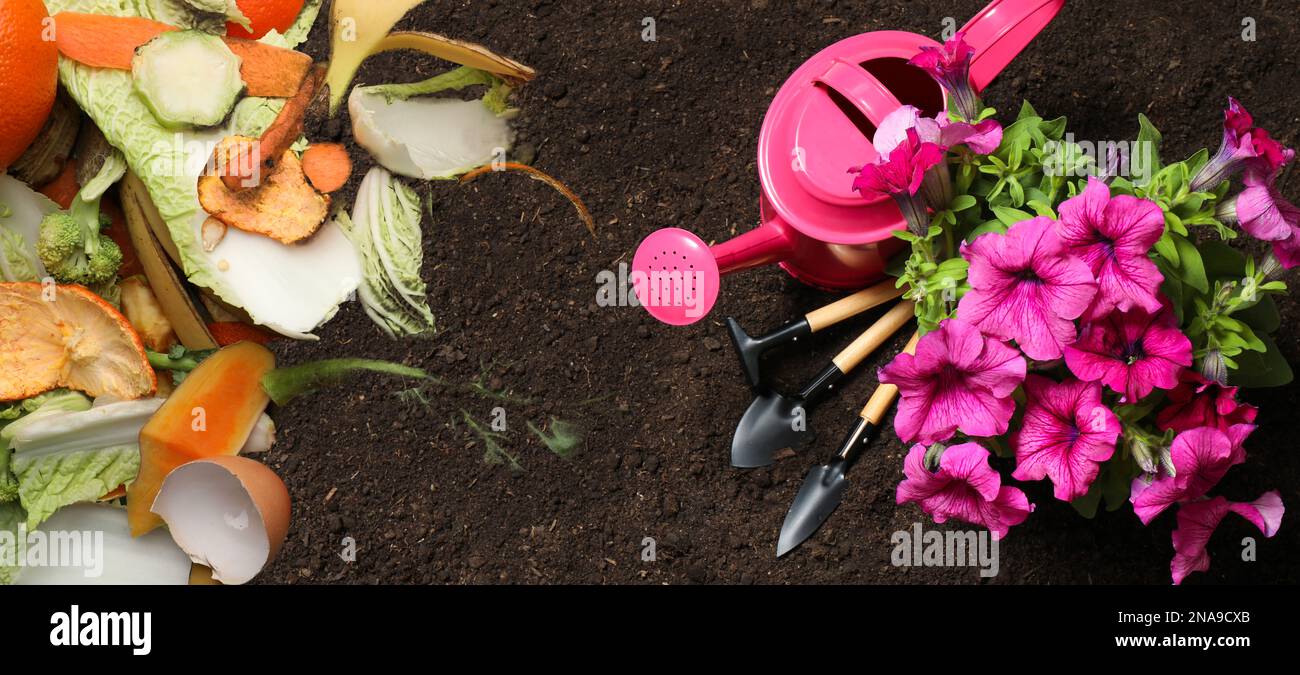 Gardening tools, flower and organic waste for composting on soil, flat