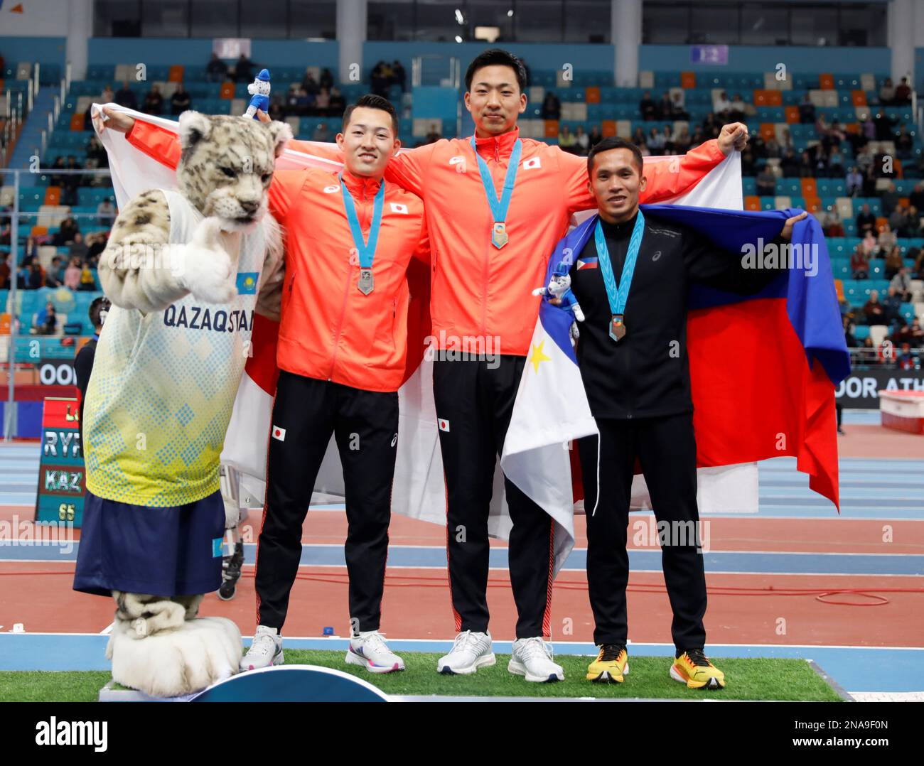 Astana, Kazakhstan. 12th Feb, 2023. Gold medalist Maruyama Yuma (2nd R