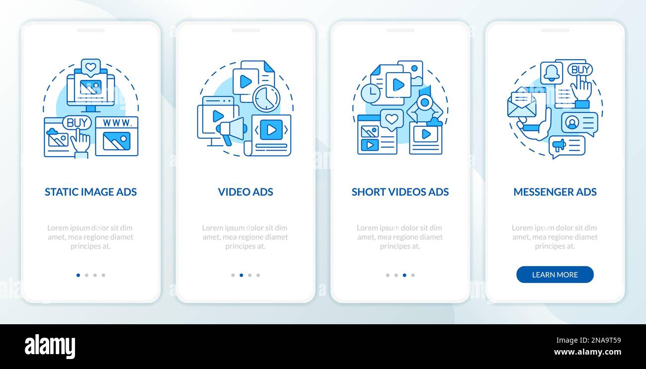 Types of social media ads blue onboarding mobile app screen Stock ...