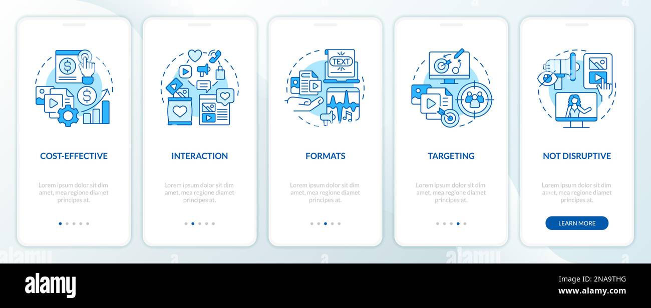 Social media advertising benefits blue onboarding mobile app screen ...