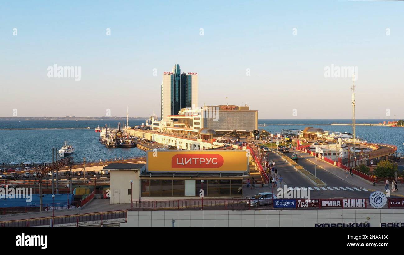 Odesa, Ukraine 08.08.2020 Hotel Odessa and the cruise ship terminal
