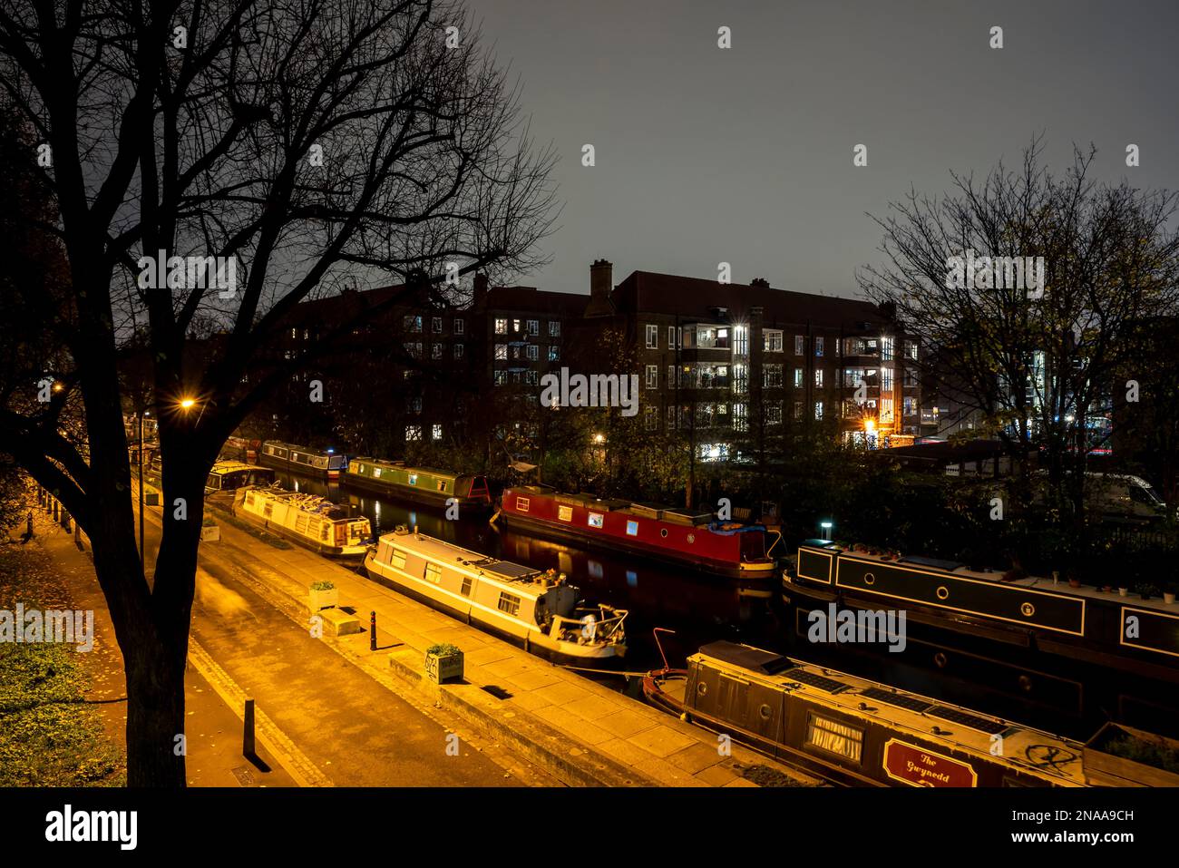 Regents Canal at night in Shoreditch, London, England; London, England Stock Photo