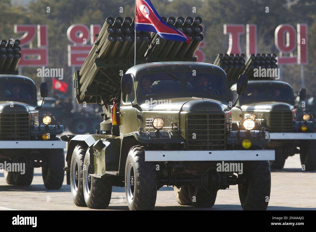 Pyongyang Vehicles North Korean military vehicles pass by at Kumsusan Memorial Palace in ...