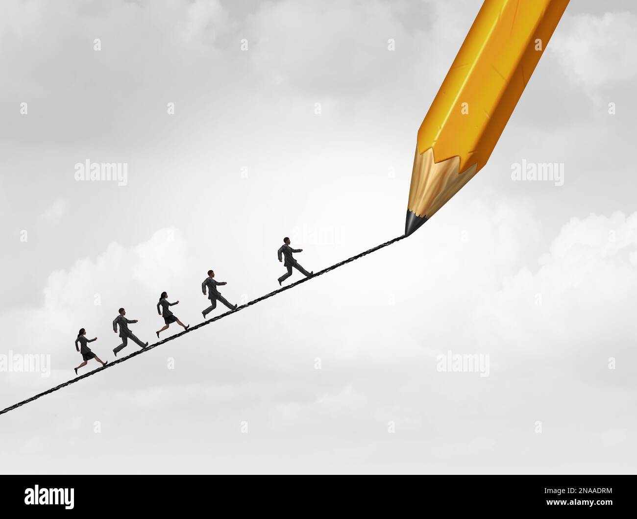 Drawing a path to success as a business concept as a group of people running upward with the help of a pencil line sketch as a concept for bridging Stock Photo