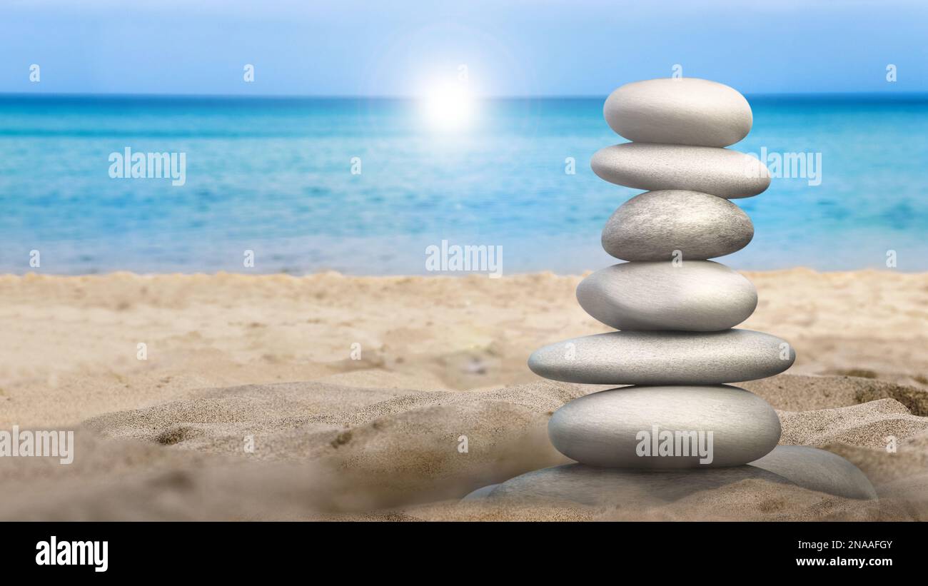 Balanced stones standing on the beach sand. 3D illustration Stock Photo ...