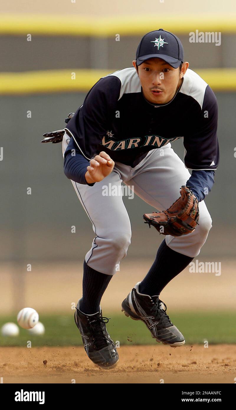 Seattle Mariners shortstop Munenori Kawasaki of Japan plays against the  Minnesota Twins in a baseball game Wednesday, Aug. 29, 2012, in  Minneapolis. The Twins won 10-0. Kawasaki went 0-for-3. (AP Photo/Jim Mone