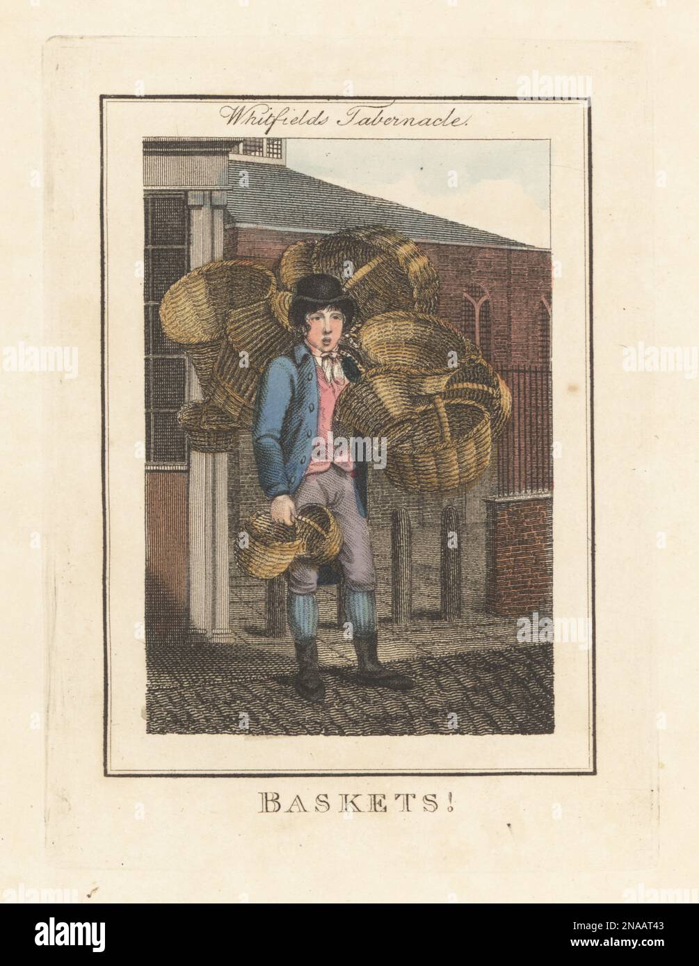 Basket seller in front of Whitfields Tabernacle, London, 1805. Basket weaver in top hat, coat, waistcoat, breeches and boots, with stock of rush and willow baskets. Moorfields Tabernacle was erected by evangelical preacher George Whitefield. Handcoloured copperplate engraving by Edward Edwards after an illustration by William Marshall Craig from Description of the Plates Representing the Itinerant Traders of London, Richard Phillips, No. 71 St Paul’s Churchyard, London, 1805. Stock Photo