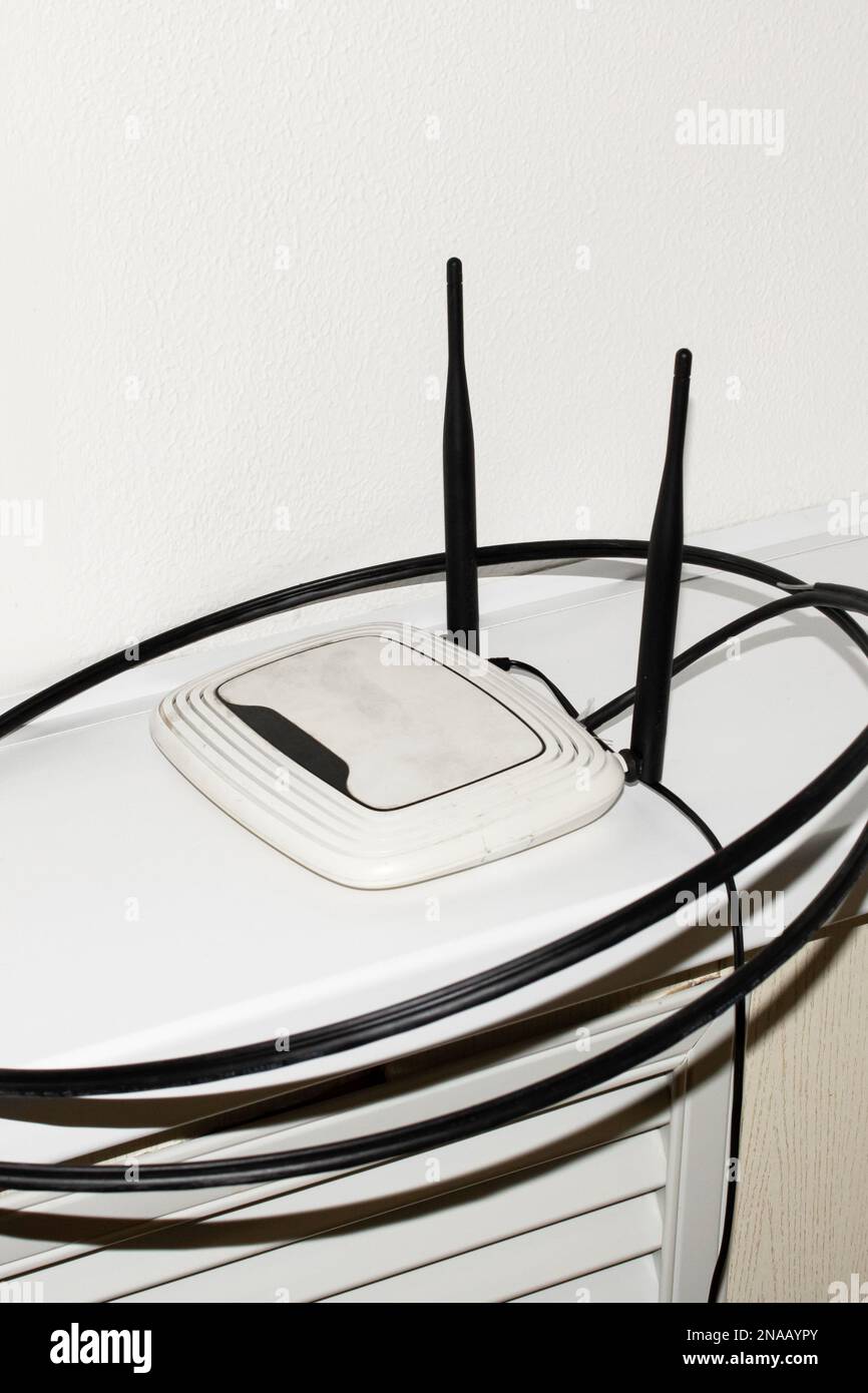 Modem with two antennas and wires close up Stock Photo