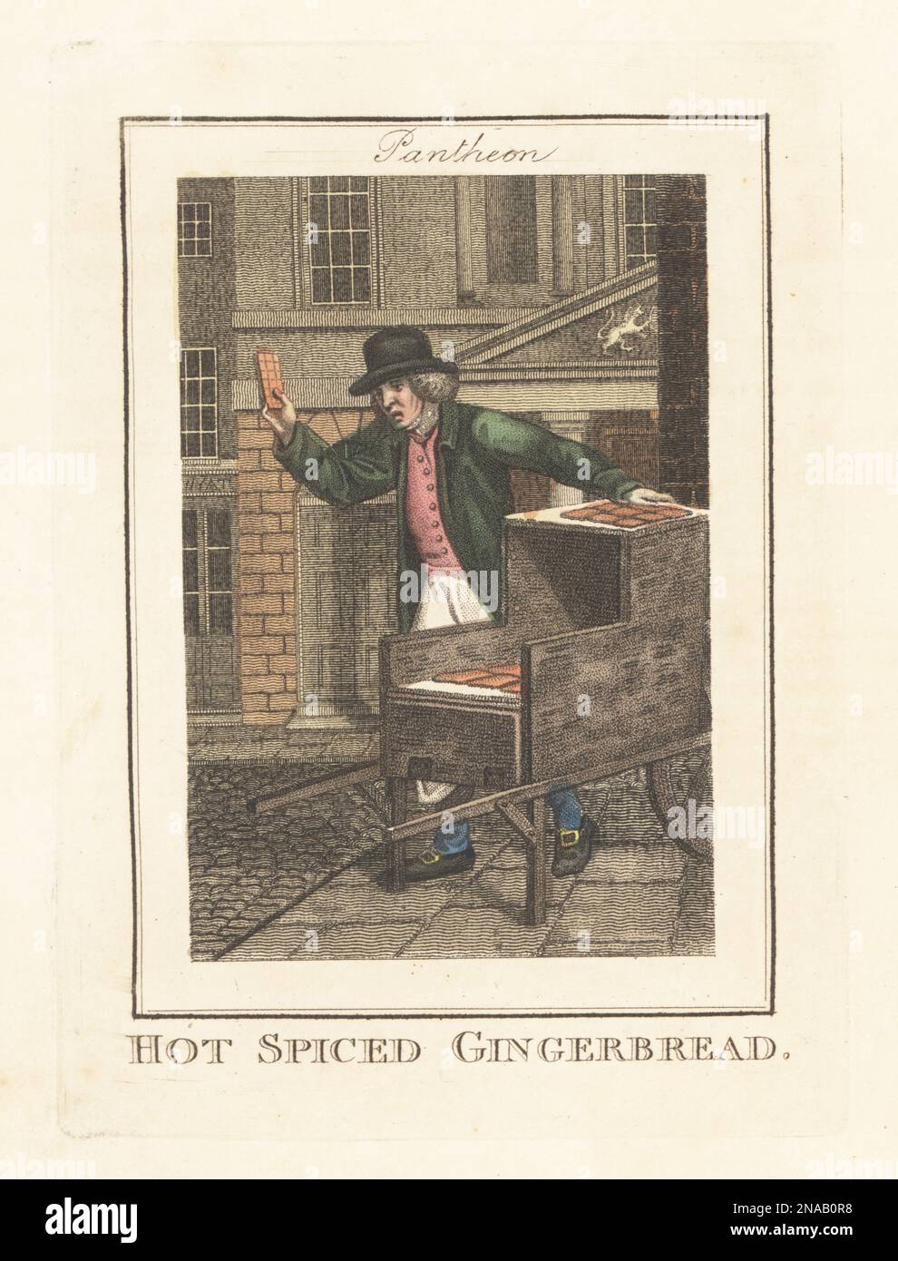 Gingerbread seller in front of the Pantheon, London, 1805. In bowler hat, coat and waistcoat, selling flat cakes of hot spiced gingerbread from a barrow. In front of the Pantheon on Oxford Street, a hall used for music concerts and masquerade balls. Handcoloured copperplate engraving by Edward Edwards after an illustration by William Marshall Craig from Description of the Plates Representing the Itinerant Traders of London, Richard Phillips, No. 71 St Paul’s Churchyard, London, 1805. Stock Photo
