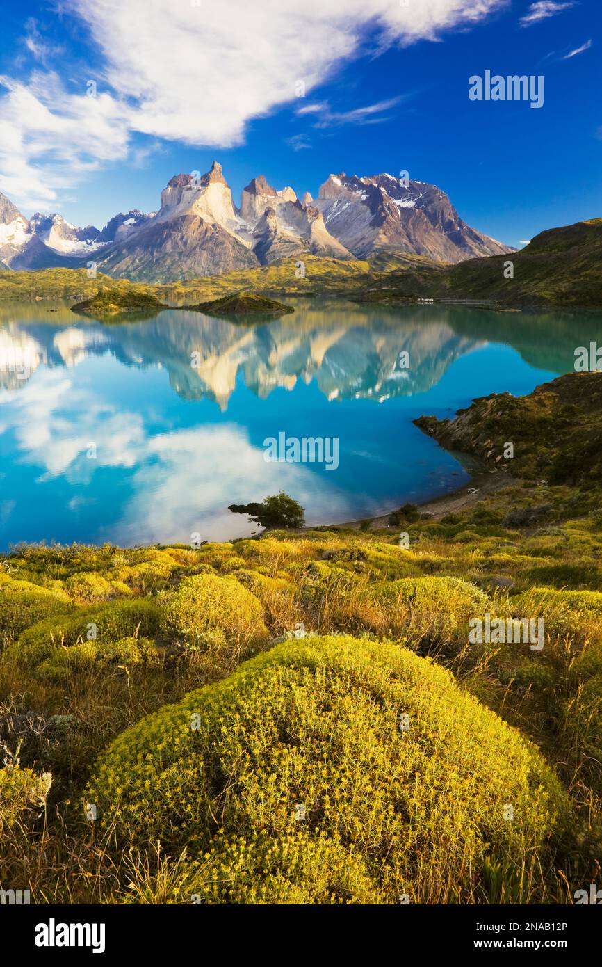 Cuernos del Paine reflected in Lago Pehoe, Torres del Paine National Park, Magallenes, Patagonia, Chile Stock Photo