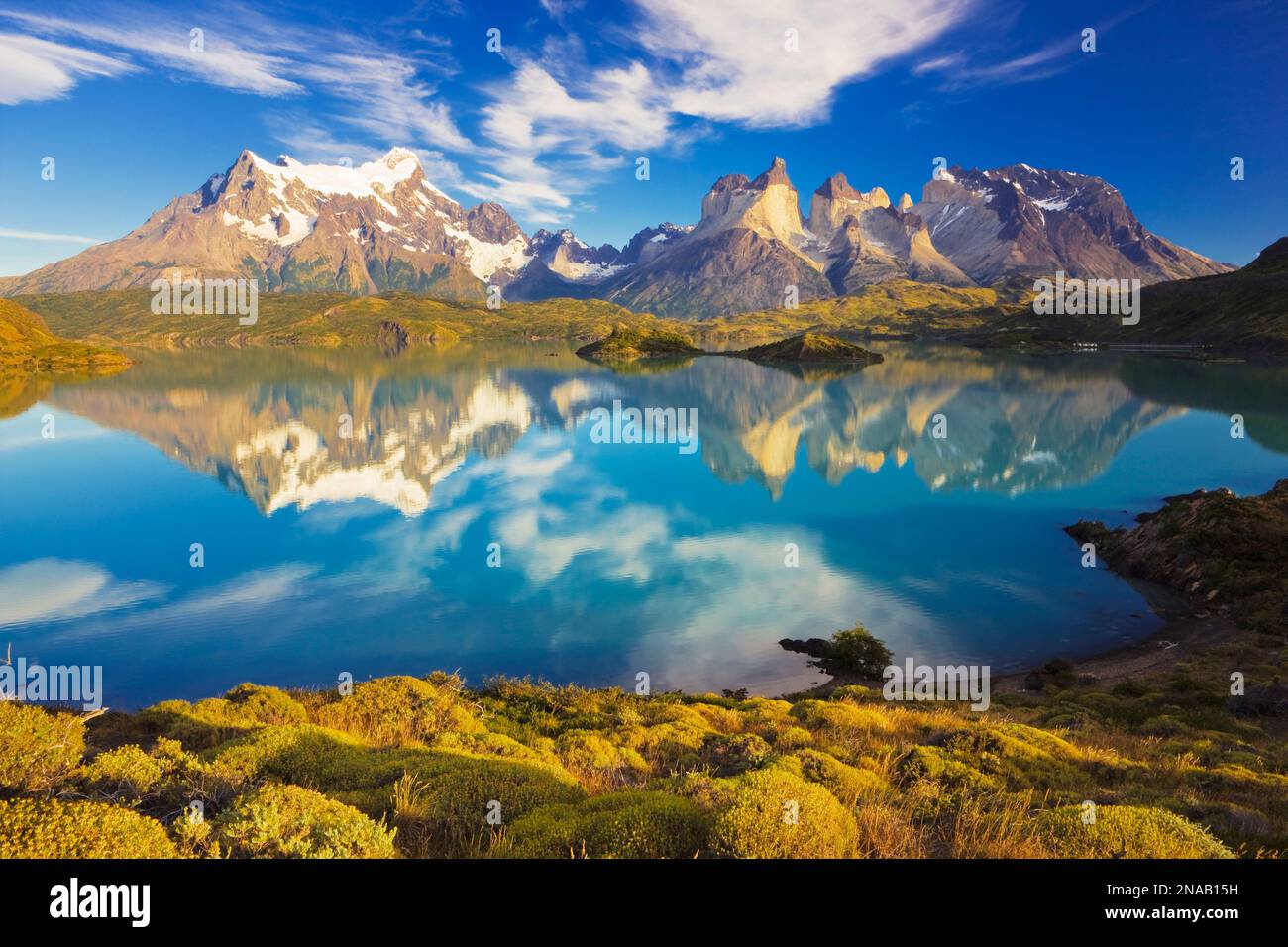 Cuernos del Paine reflected in Lago Pehoe, Torres del Paine National Park, Magallenes, Patagonia, Chile Stock Photo