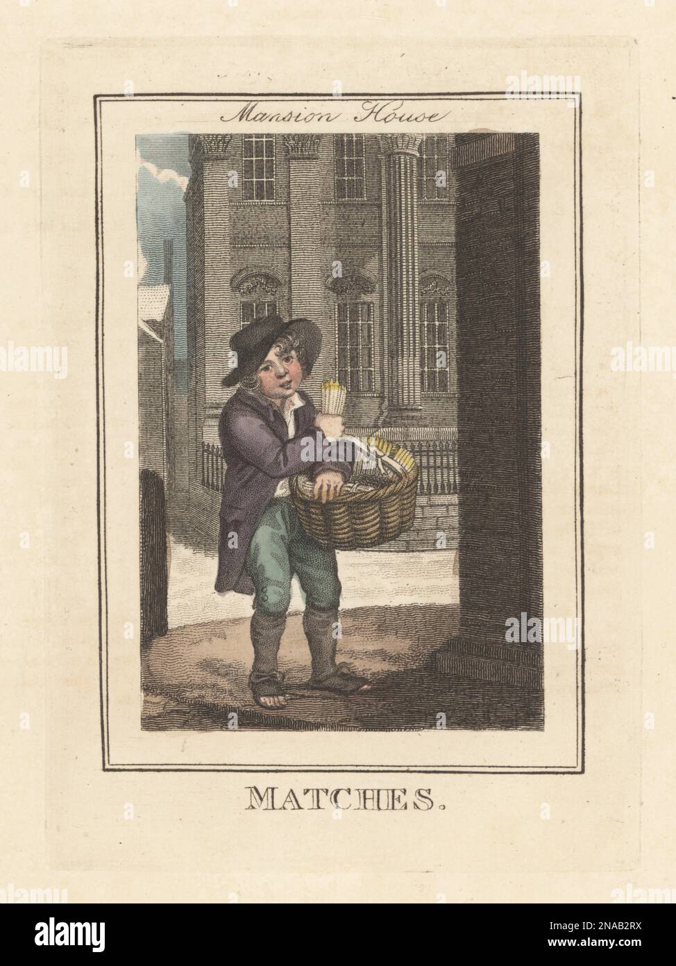 Boy selling matches in front of Mansion House. Matchseller in hat, coat, breeches and toe-less shoes with basket of matches. The Palladian-style Mantion House was designed by George Dance as the Lord Mayor's residence.  Handcoloured copperplate engraving by Edward Edwards after an illustration by William Marshall Craig from Description of the Plates Representing the Itinerant Traders of London, Richard Phillips, No. 71 St Paul’s Churchyard, London, 1805. Stock Photo