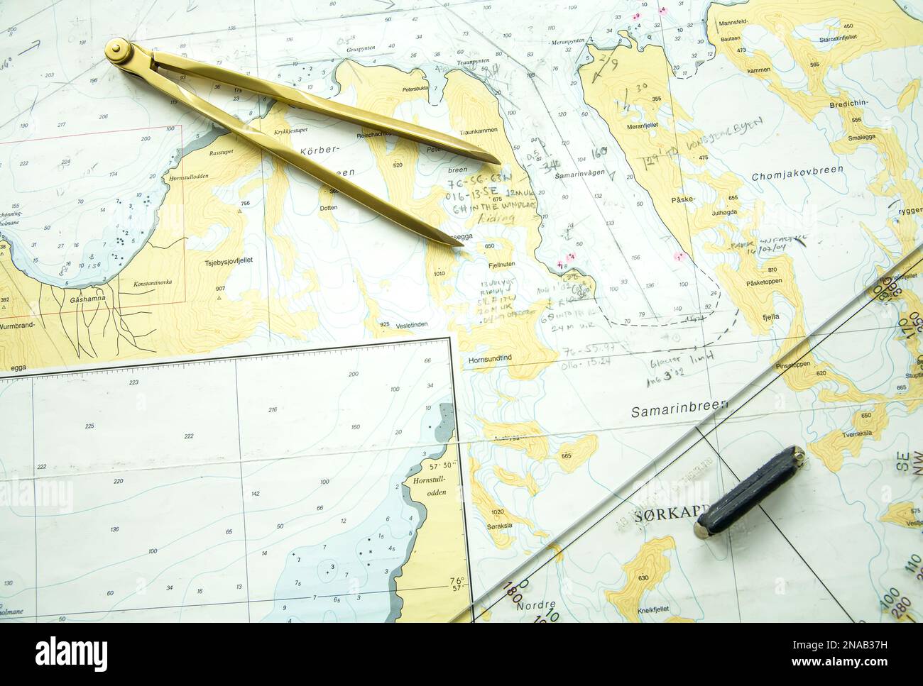 Chart and Dividers Arctic, Svalbard, Norway. Stock Photo